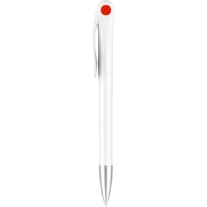 A creamy white barrel pen with a red accent and a metallic tip, featuring a logo on the clip.