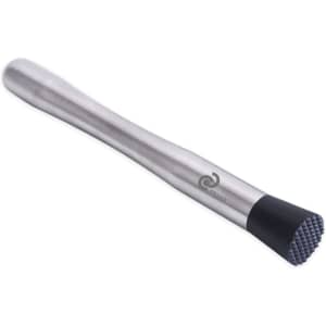 A long stainless steel cocktail muddler with a textured black end and a logo on the side.