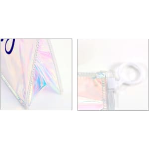A holographic cosmetic bag with an iridescent finish, featuring a white zipper and loop.