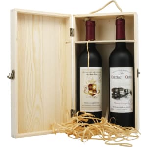 A double bottle wooden wine box in natural wood finish, featuring two wine bottles inside with straw fill.
