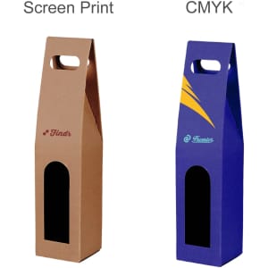 A drink bottle packaging design featuring a brown cardboard box and a purple box, both with logos and cut-out windows.