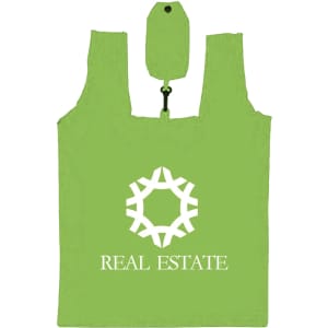 A compact, foldable shopping tote bag in bright green with a logo and a clip for easy storage.