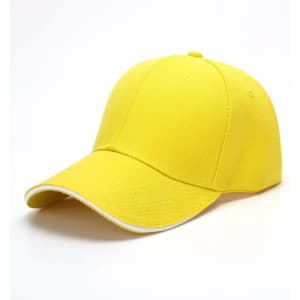 A yellow 6-panel cap with a curved brim and contrasting trim. It features a logo on the front.