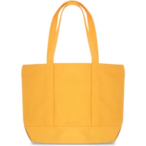 A yellow canvas zippered tote shoulder bag with two handles and a spacious design.