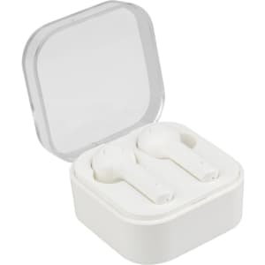 White true wireless earbuds inside a square charging case with a translucent lid.