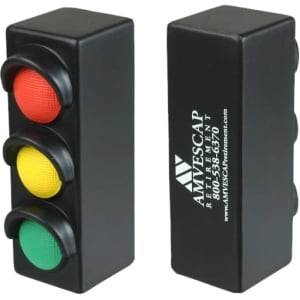A traffic light shape stress reliever with red, yellow, and green buttons, featuring a logo on one side.