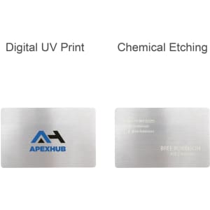 A stainless steel business card featuring a logo on one side and engraved details on the other side.