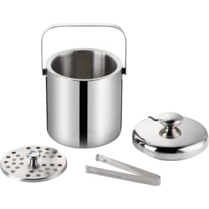 A stainless steel ice bucket with a lid, perforated insert, and tongs, featuring a sleek design.