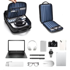 A polyurethane laptop backpack in black with a striped interior, containing a laptop, headphones, and various accessories.
