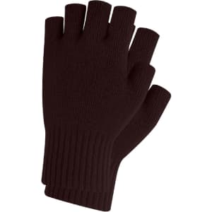 A pair of brown knitted fingerless gloves with a ribbed wrist. Features a woven label.