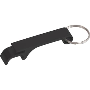 A black aluminium keyring bottle opener with a metal keyring attached. It features a simple, sleek design.