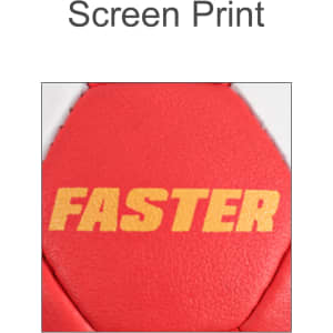 A red, machine-stitched PU handball featuring a logo and the word "FASTER" printed in gold.