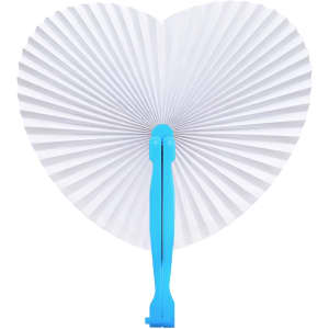 A heart-shaped white paper fan with a blue handle, featuring a pleated design and a simple logo.