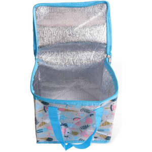 A polyester cooler bag in blue, featuring a colourful pattern and a silver insulated interior. It has a zip closure and handles.
