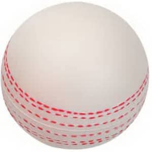 A cricket ball-shaped stress reliever, featuring a white exterior with red stitching details.
