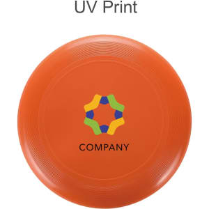 An orange Frisbee featuring a multi-coloured logo in the centre. The product has a textured edge.