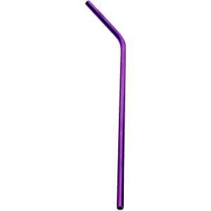 A purple stainless steel straw with a bent design, featuring a logo.