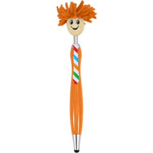 A quirky orange pen with a smiling face, bright orange hair, and a striped tie. It features a logo on the side.