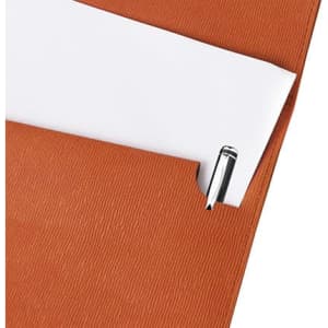An A4 file bag in orange PU leather with a white sheet of paper partially visible and a silver pen included.