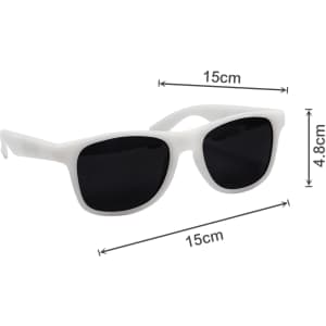 White colour changing sunglasses with black lenses, measuring 15cm in width and 4.8cm in height.