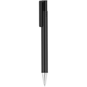 A black pen featuring a sleek design and a clip for convenience. It has a shiny silver tip and branding.