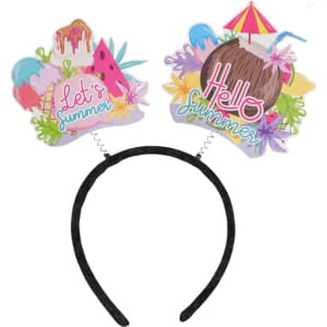A headband featuring two vibrant summer-themed decorations with phrases, adorned with bright colours and playful designs.