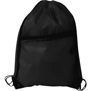 A black polyester drawstring bag featuring a zippered pocket and adjustable drawstrings. It has a logo on the front.