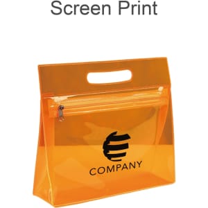 An orange transparent cosmetic pouch with a zippered compartment and a handle, featuring a logo design.
