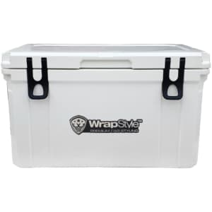 A white 45L cooler box with black clips and a logo on the front.