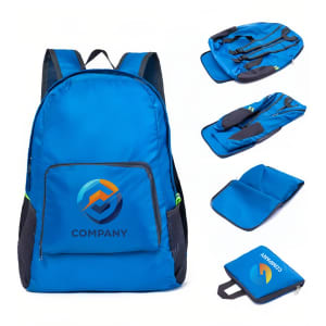 A blue backpack with multiple compartments and a logo, accompanied by a blue pouch and a folded item.