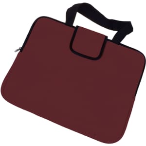 A maroon laptop bag with a black zipper and strap, featuring a logo on the front.