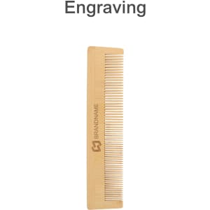 A fine-tooth bamboo comb in a natural light brown colour with a logo. Features engravings along the handle.