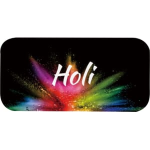 A colourful rectangular design featuring vibrant splashes and the word "Holi" in a prominent font.