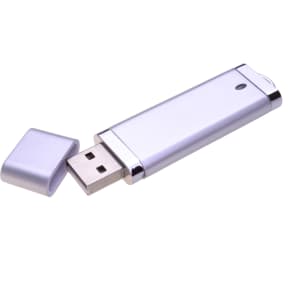 A silver flash drive with a removable cap, featuring a sleek design and a small logo.