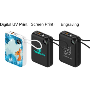 A 10,000mAh power bank in white with a design, and a black version featuring various print options and a logo.
