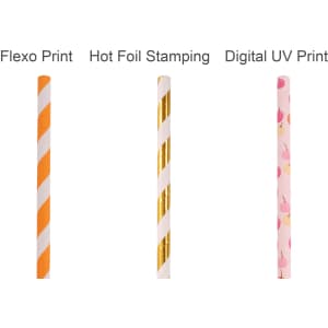 Three types of custom disposable 4-ply straight drinking paper straws in orange, gold, and pink floral designs. Each straw features distinct printing styles.