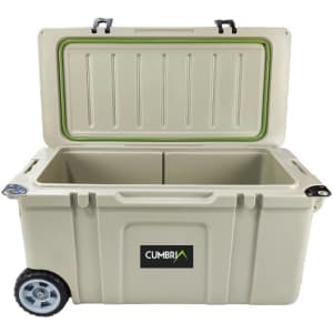A 75L cooler box with wheels in a light beige colour, featuring a green seal and a logo on the side.