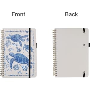 A4 wiro side-bound notebook featuring a blue turtle design on the front and a plain white back. Includes a black elastic closure.