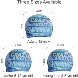 Full colour polyester swimming caps in three sizes: junior, young kids, and adults. Designs feature vibrant swimming graphics.