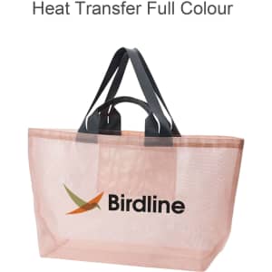 A large, peach mesh tote bag with black straps and a logo on the front.