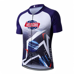 A unisex cycling jersey with a stand collar, short sleeves, featuring a blue and white design, and includes a logo.