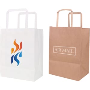 Two flat handle kraft paper bags: one in white with a logo and one in brown with "AIR MAIL" printed on it.