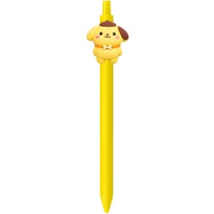 A yellow pen featuring a cute dog character on top, complete with a brown ear and a bone detail.