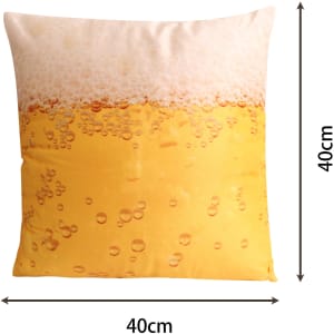 A square cushion featuring a design of frothy beer with a golden yellow colour and bubbles, measuring 40cm x 40cm.
