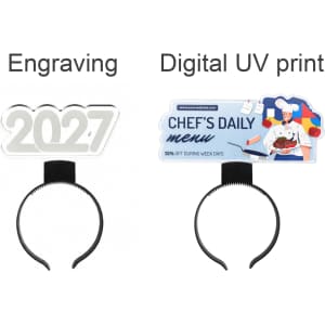 A headband featuring a clear acrylic sign with 2027 engraving and a colourful digital print menu. It has a black band.