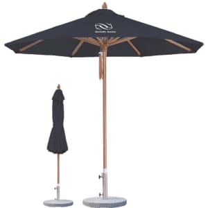 A black octagonal outdoor umbrella with a wooden pole, featuring a logo, alongside a folded umbrella.