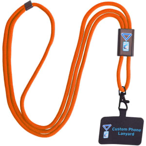 An adjustable orange phone lanyard with a metal buckle and a black holder for an ID or phone.