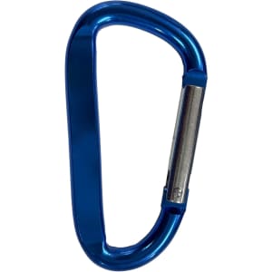 A blue 8cm carabiner with a metallic clip, featuring a simple design. It has a logo on the surface.