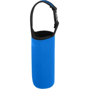 A drink bottle pouch in bright blue, featuring a strap for easy carrying and a sleek design. It has a logo.
