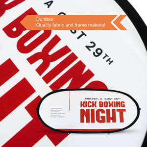An oval-shaped pop-up banner featuring a bold red and white design, with branding and quality material details.